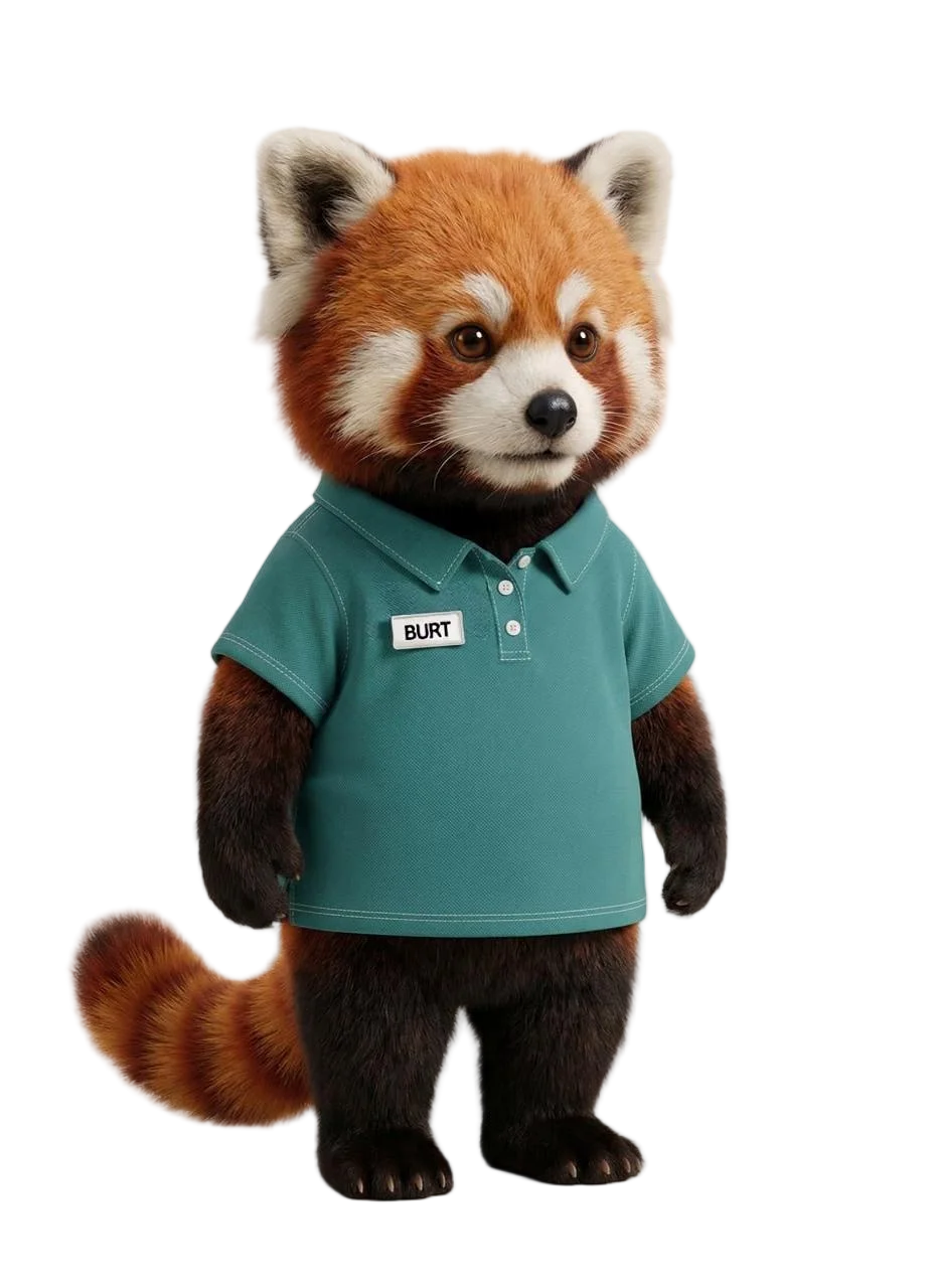 Burt, your AI care navigator — a friendly red panda in a teal polo shirt with a name tag